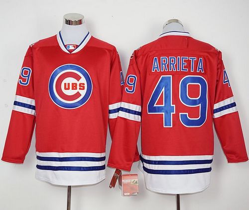 Cubs #49 Jake Arrieta Red Long Sleeve Stitched MLB Jersey - Click Image to Close